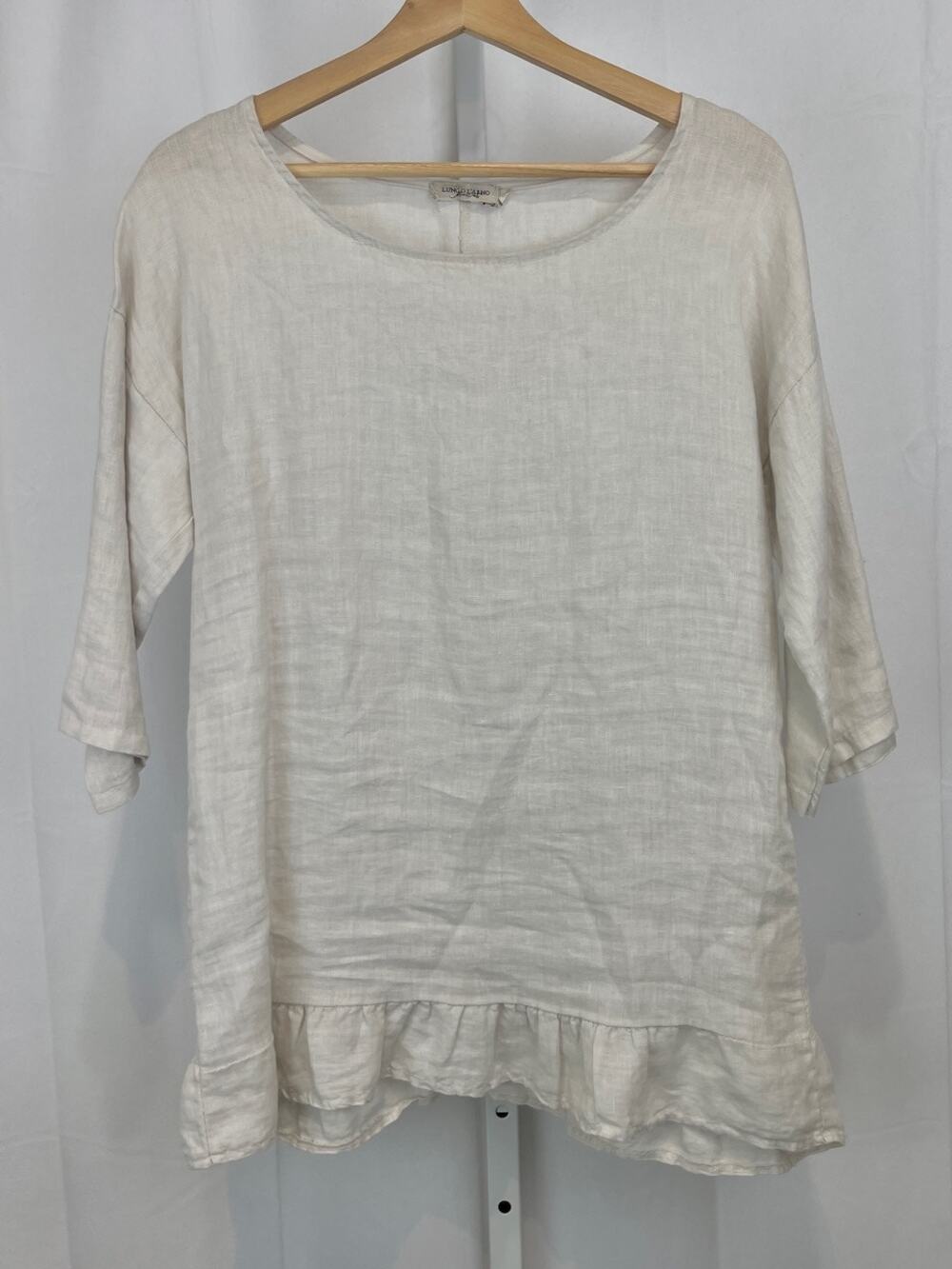 LUNGO L'ARNO Italy Ruffle Hem Linen Top Scoop Neck Elbow Sleeve Beige Size S